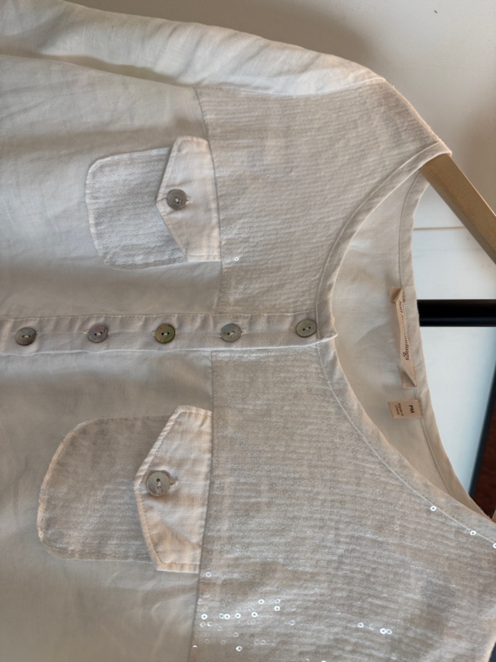 Soft Surroundings 100% Linen Sequined White Button-Front Tunic
